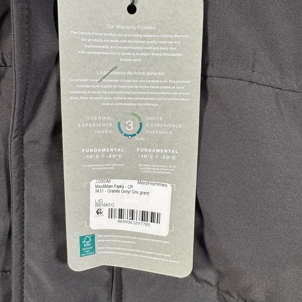 Canada Goose MacMillan Parka Mens L Granite Grey Down Filled Hooded 2080M
